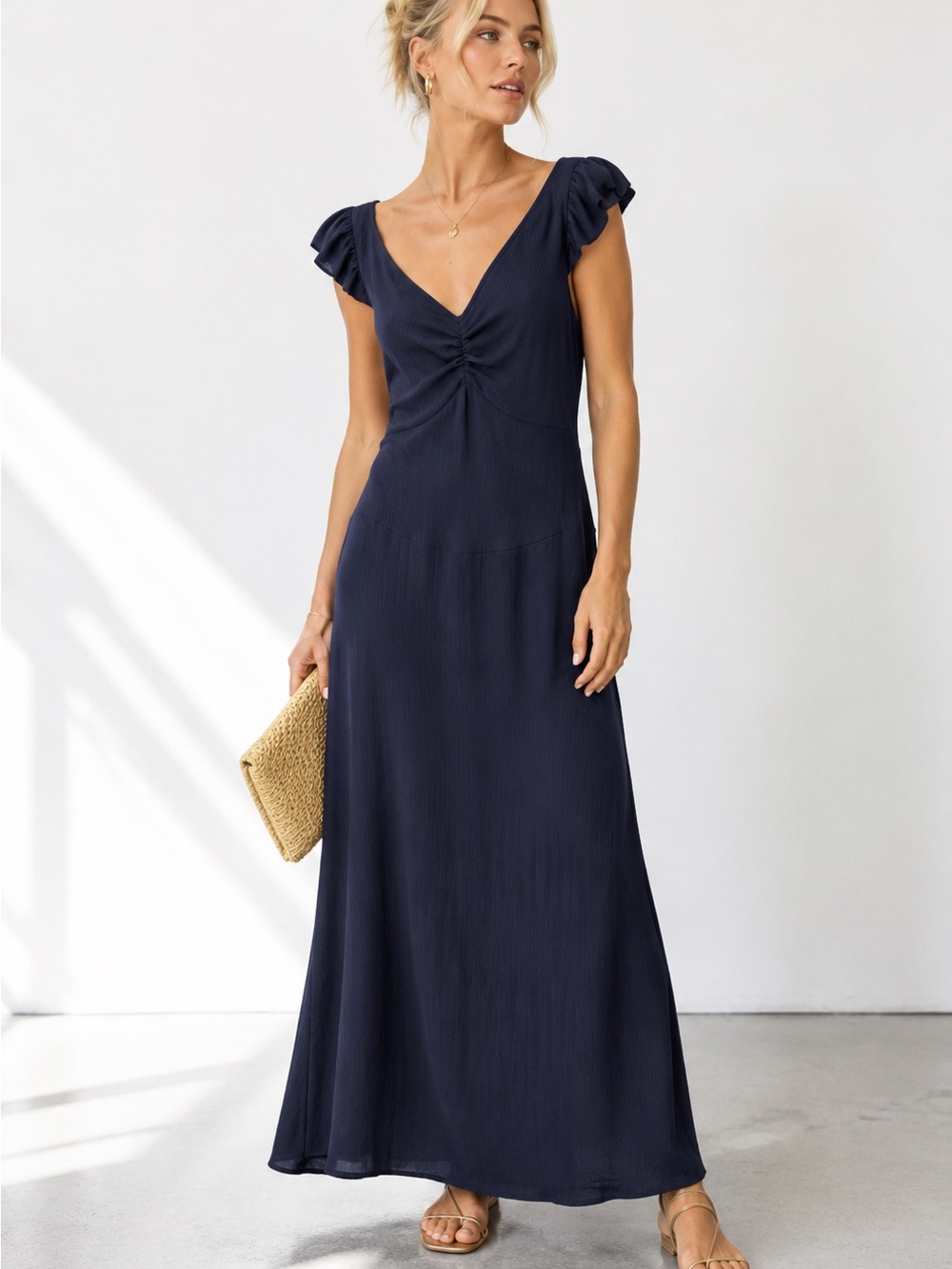 Rachel Comey Bisou Navy Ruffle Sleeve Maxi Dress Sz 4 Made in NYC